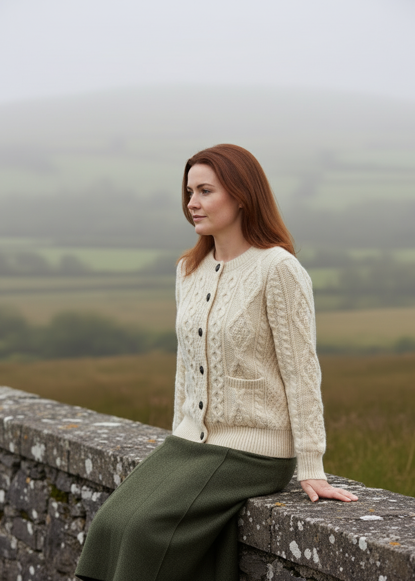 Sitting on stone wall-Ladies Aran Cardigan | 100% Irish Wool | Natural Cream