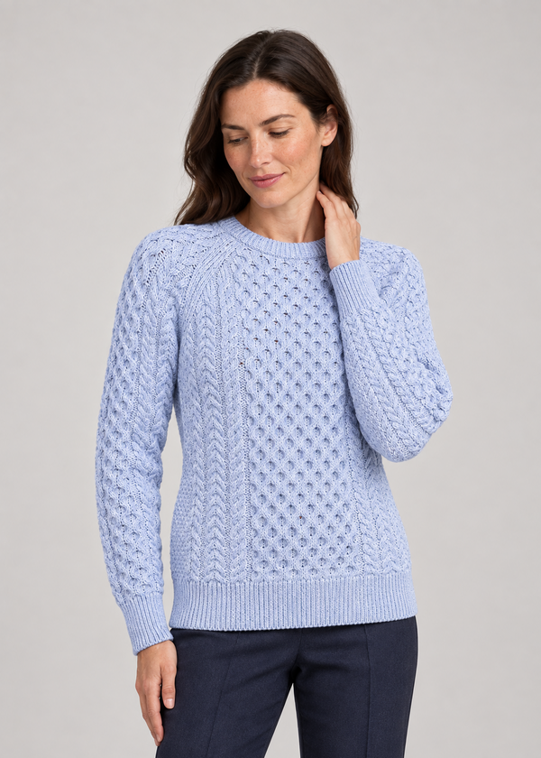 Ladies Slim-Fit Aran Sweater in Sky Blue | Premium Merino Wool