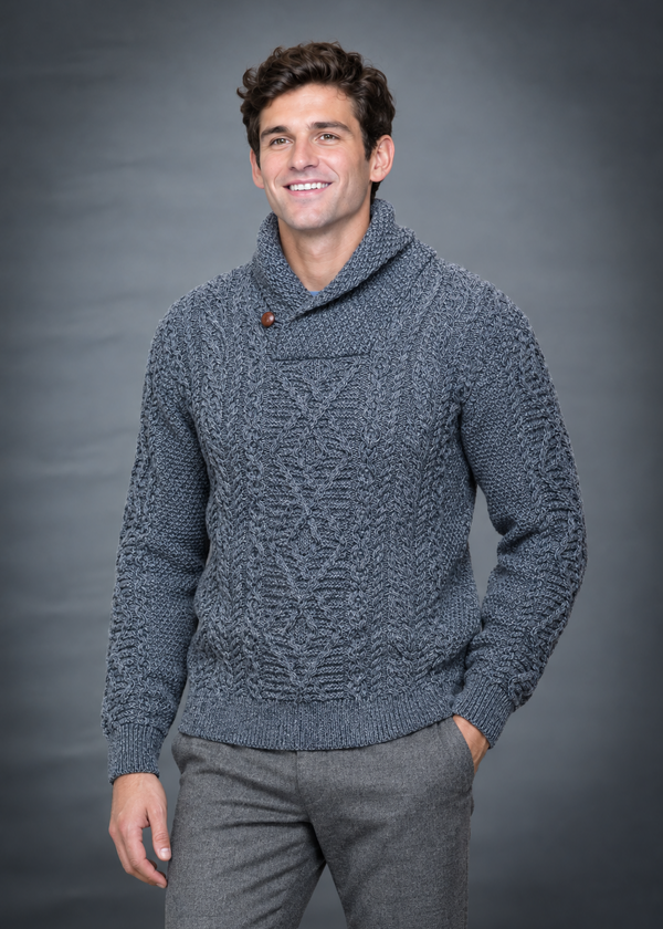 Aran Merino Wool Shawl Neck Sweater | Slate