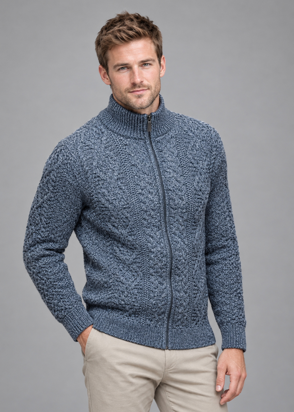 Full Zip Mens Merino Wool Aran Cardigan | Slate - Clearance