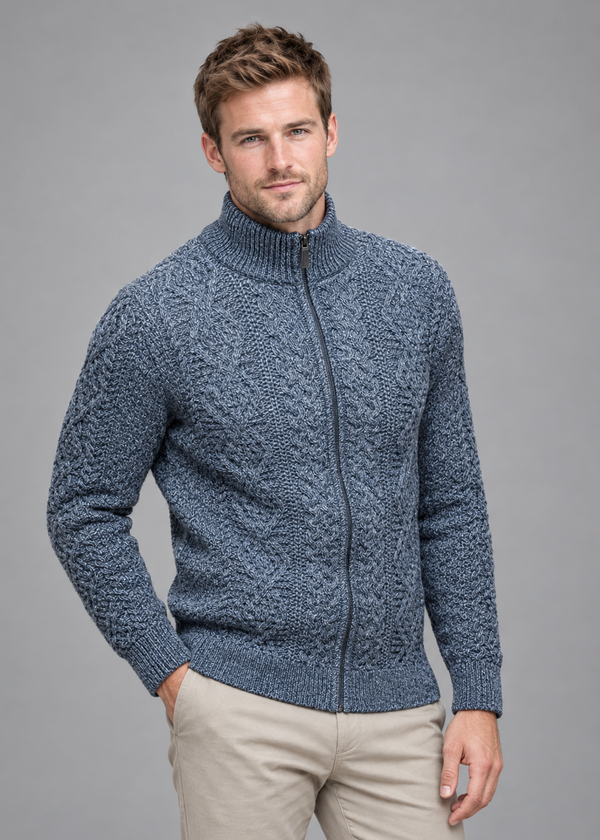 Full Zip Mens Merino Wool Aran Cardigan | Slate - Clearance