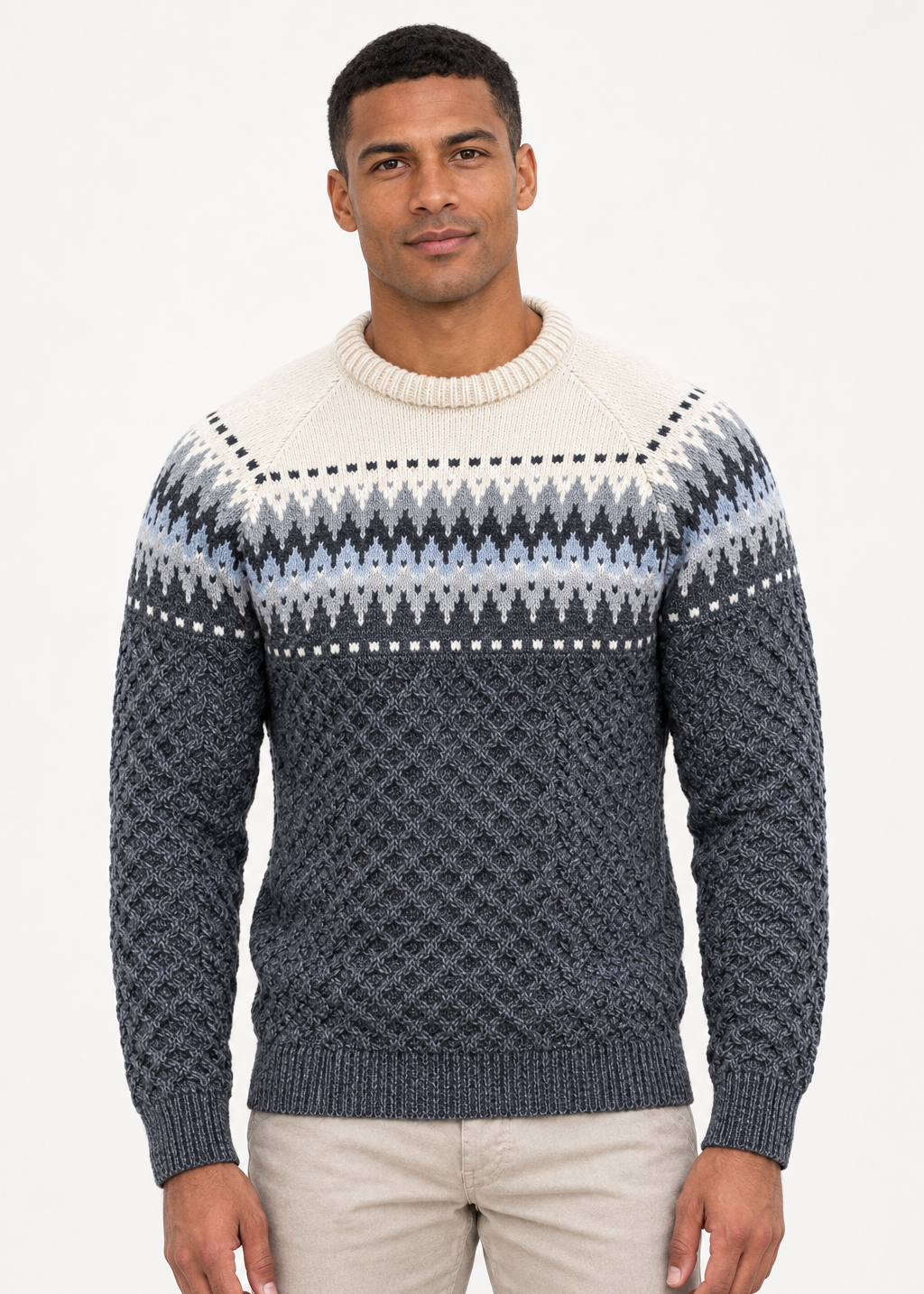 Aran Merino Crew Neck Fair isle Sweater - Slate
