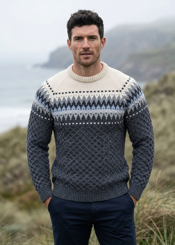Aran Merino Crew Neck Fair isle Sweater - Slate