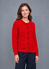 Women's Aran Merino Wool Cardigan | Traditional Honeycomb Knit | Red