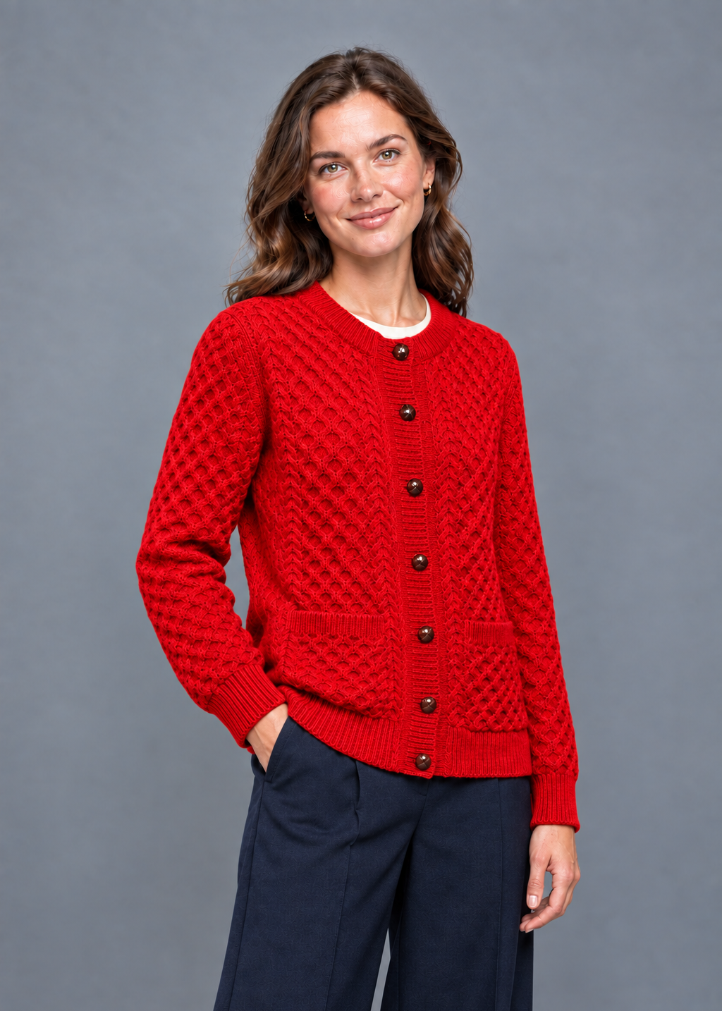 Women's Aran Merino Wool Cardigan | Traditional Honeycomb Knit | Red