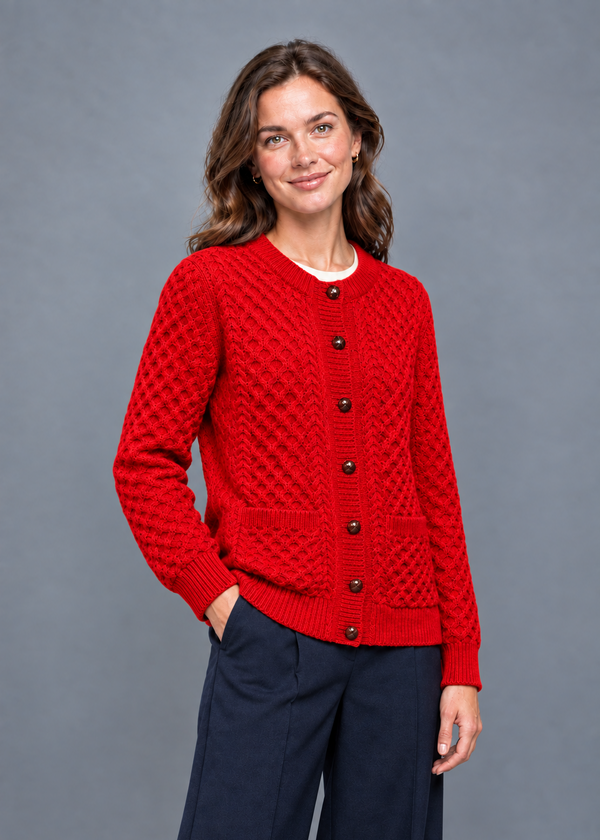 Women's Aran Merino Wool Cardigan | Traditional Honeycomb Knit | Red