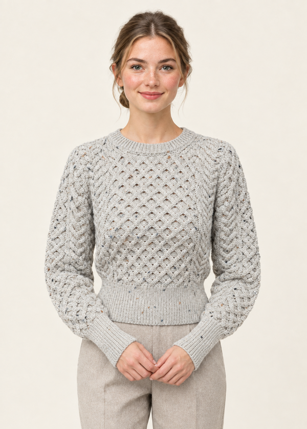 Ladies Merino Cropped Classic Aran Sweater | Flecked Nepp