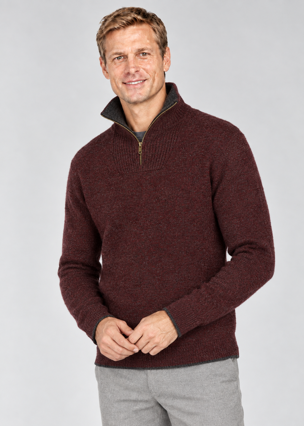 IrelandsEye Men's Lambswool Quarter Zip Sweater | Claret Red