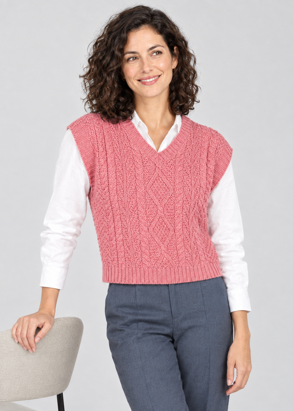 IrelandsEye Women's V Neck Aran Vest | Rosa Pink