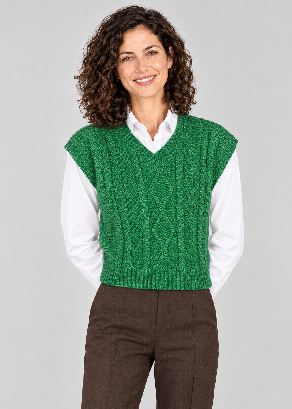 Women's Sweetpea V-Neck Aran Vest | Irish Merino Wool | Green