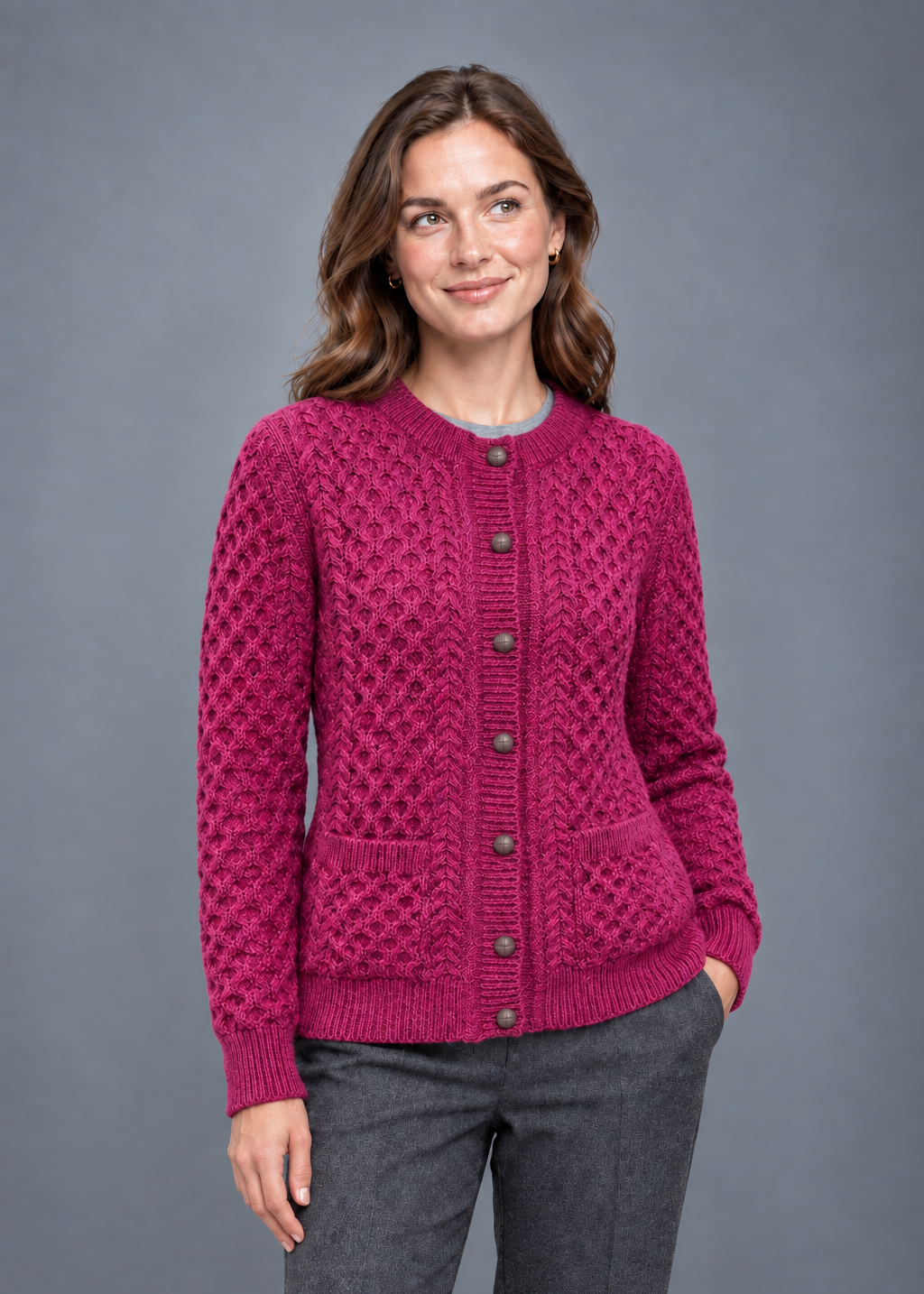 Aran Merino Wool Lumber Cardigan | Raspberry Marl