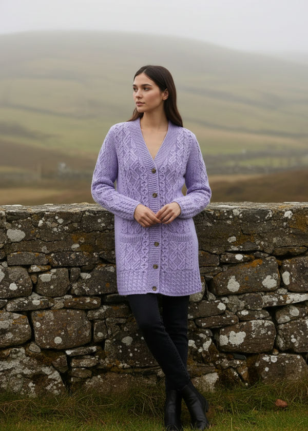 Stone wallLavender Aran Long Line Cardigan | Irish Cable Knit