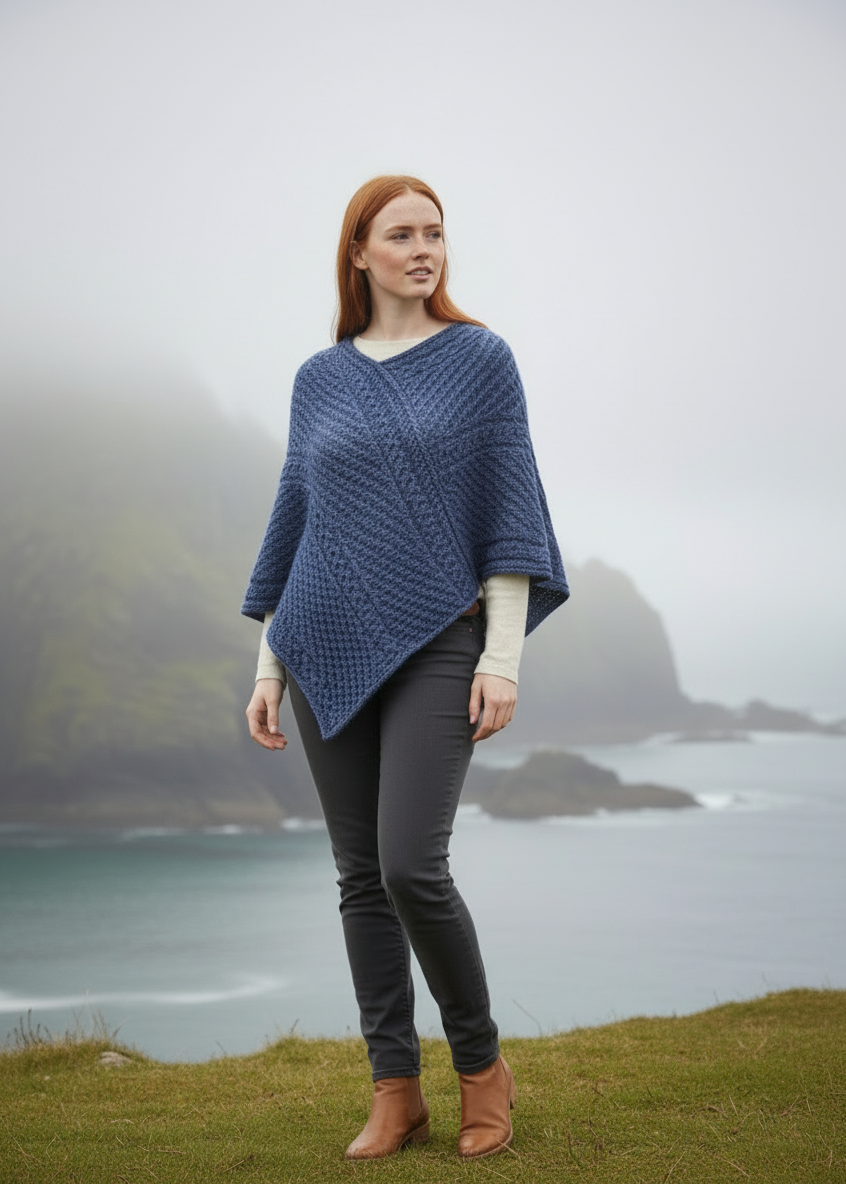 Irish Aran Merino Wool V Poncho - Denim Marl