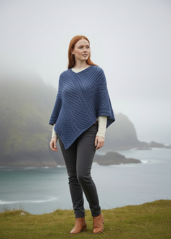 Irish Aran Merino Wool V Poncho - Denim Marl