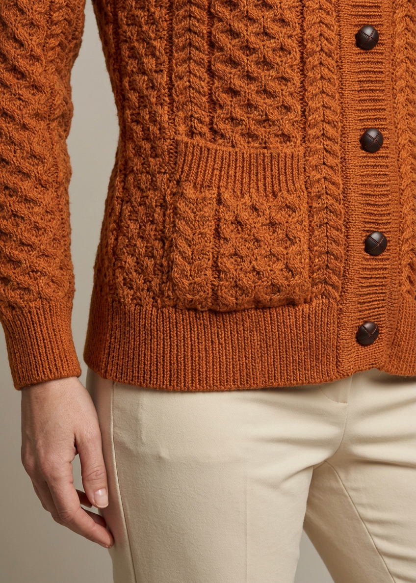 Styled close-up of the cardigan pocket and bottom hem
