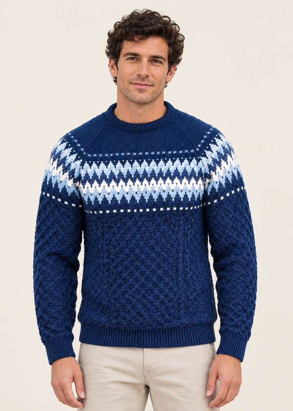 Aran Merino Crew Neck Fair isle Sweater - Denim