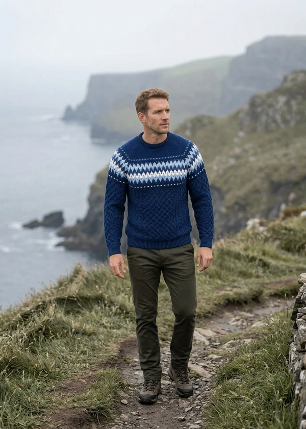 A man wearing a navy blue cable-knit sweater with a white and light blue Fair Isle yoke pattern, standing on a grassy path with a coastal cliffside background.