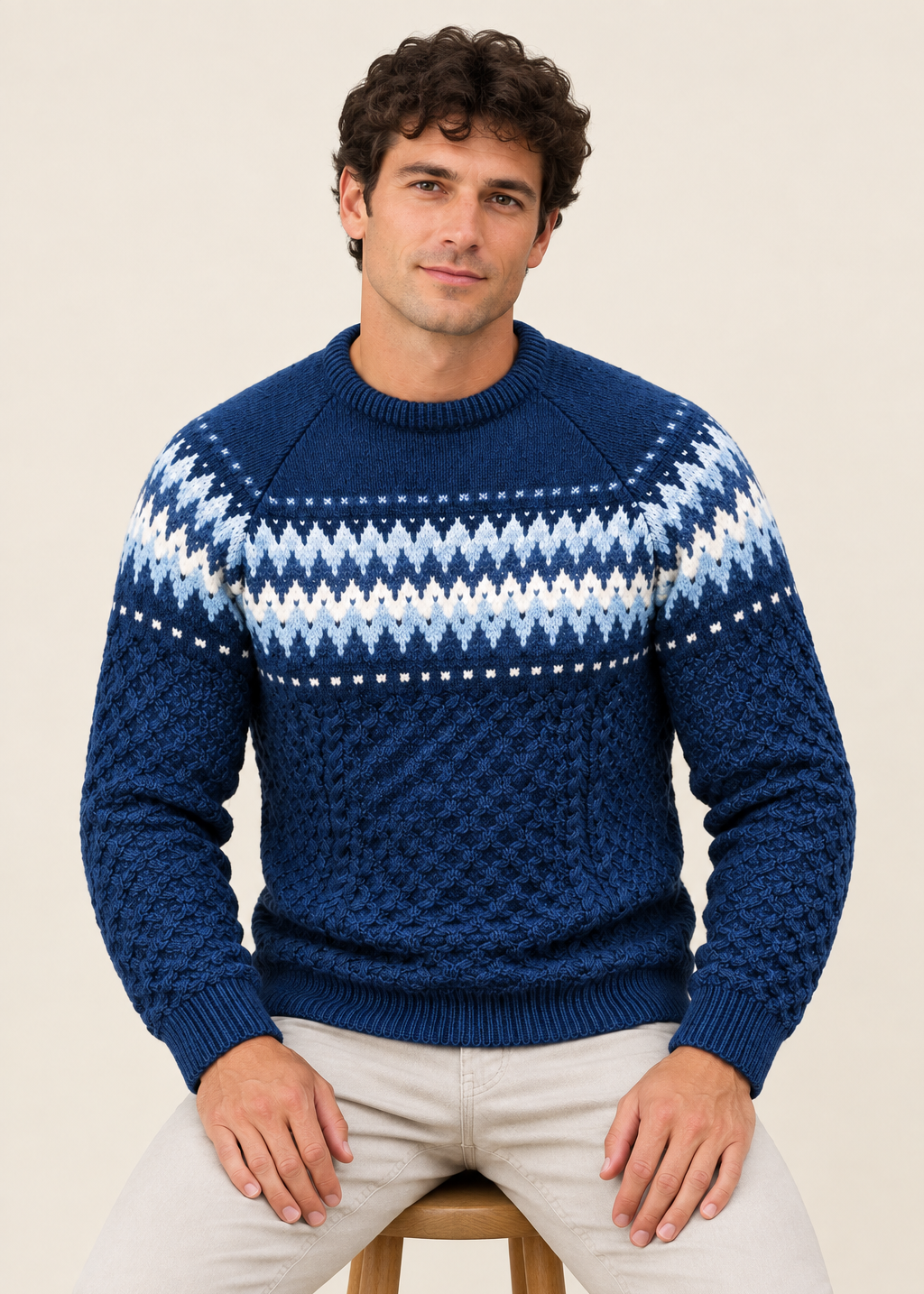 Aran Merino Crew Neck Fair isle Sweater - Denim