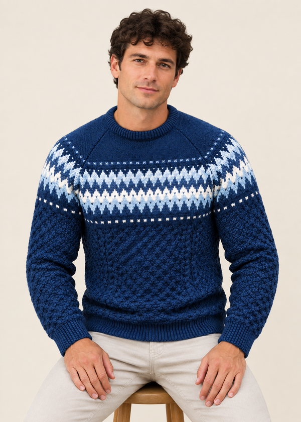 Aran Merino Crew Neck Fair isle Sweater - Denim