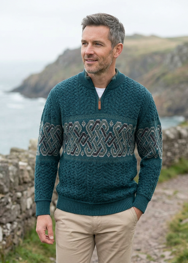 Aran Crafts Celtic Jacquard Zip Sweater | Premium Merino Wool | Clearance
