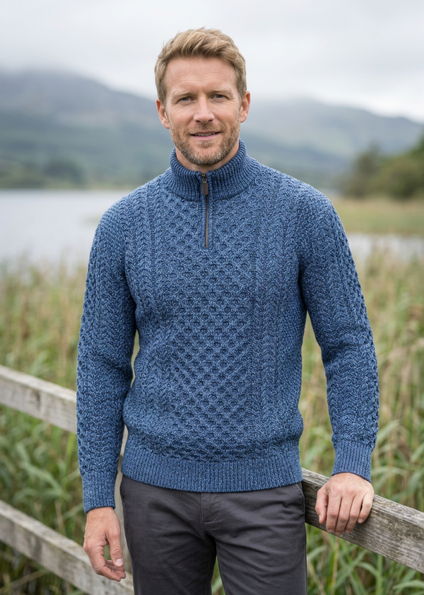 Aran Merino Wool Half Zip Sweater | Denim