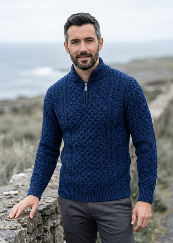 Men's Merino Wool Aran Half Zip Sweater | Deep Water Blue