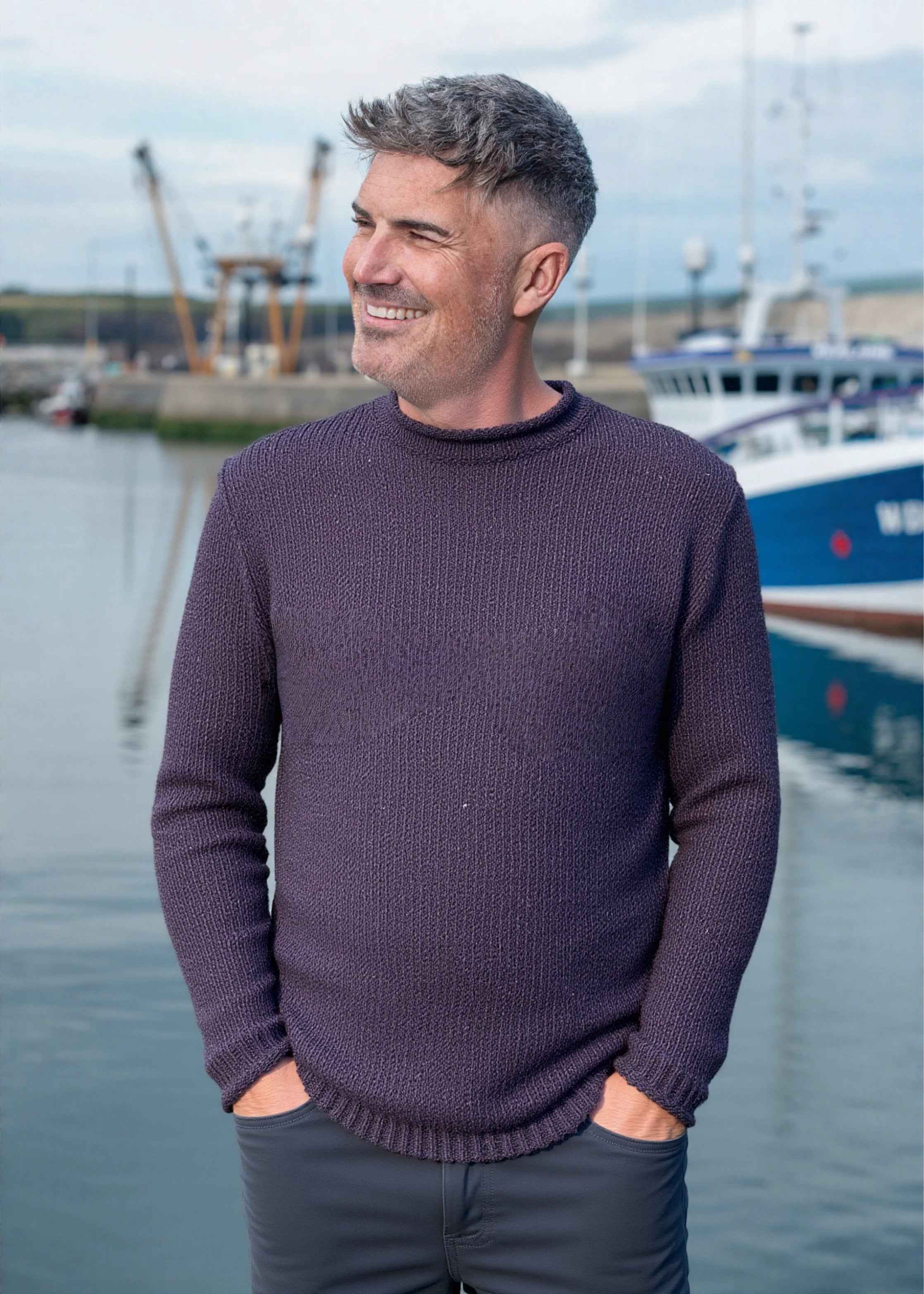 Roll Neck Merino Wool Fisherman Sweater | Purple Fleck