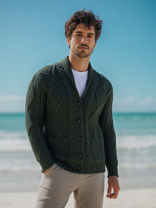 Aran Men's Shawl Button Cardigan | Army Green