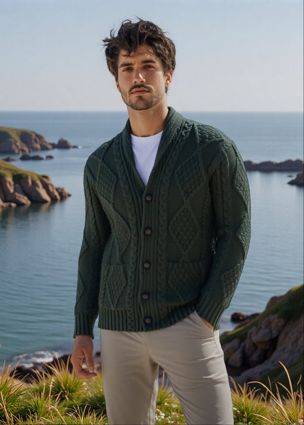 Aran Men's Shawl Button Cardigan | Army Green