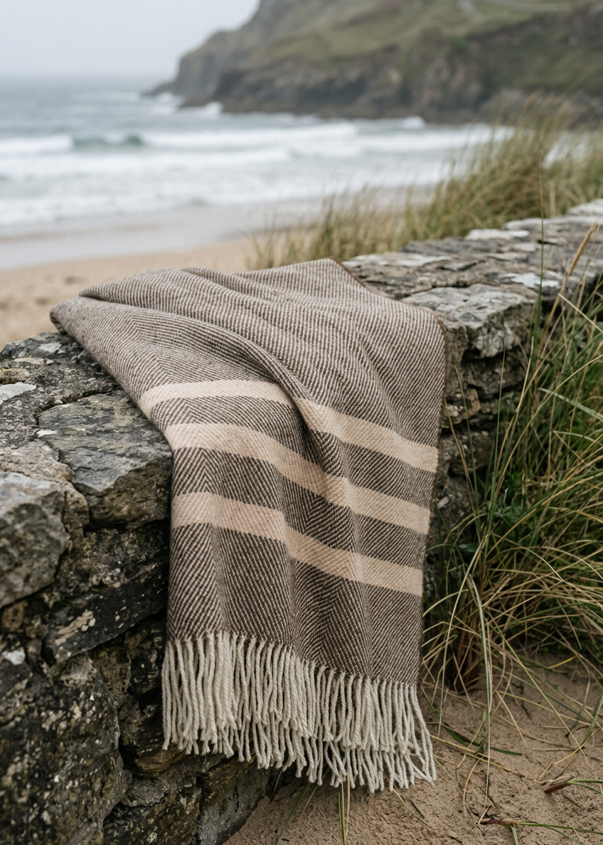 McNutt Brown & Cream Striped Pure Wool Throw 200 × 150cm 