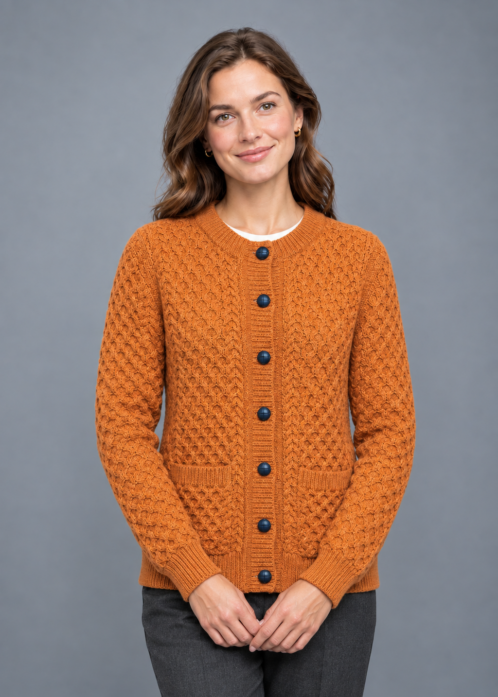 Aran Lumber Cardigan | Terracotta | 100% Merino Wool
