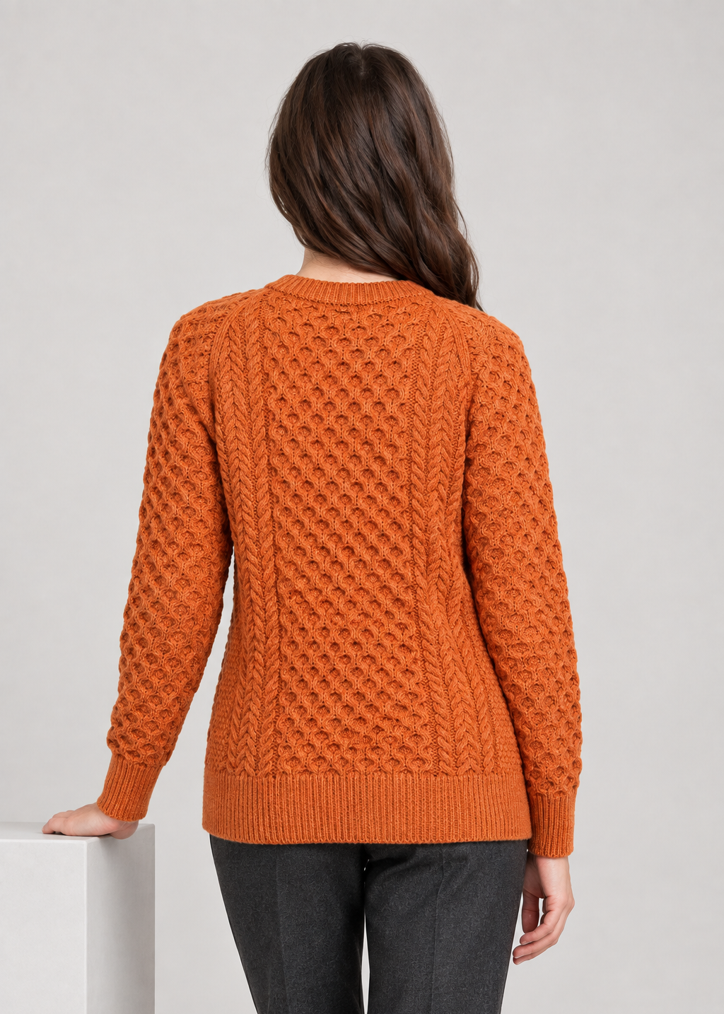 Ladies Slim-Fit Aran Sweater in Terracotta | 100% Merino Wool