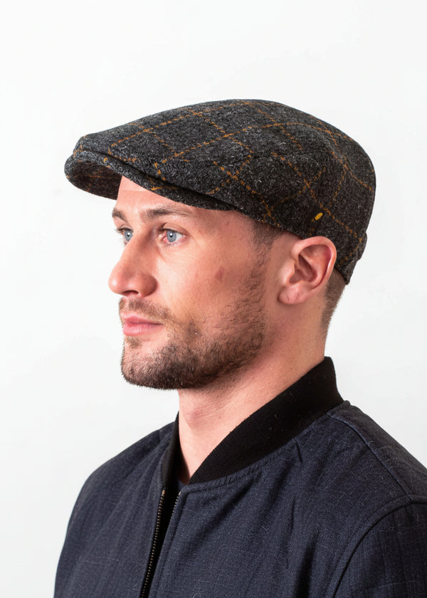 Dubliner Charcoal Check Flat Cap | Genuine Donegal Tweed | Hatman of Ireland