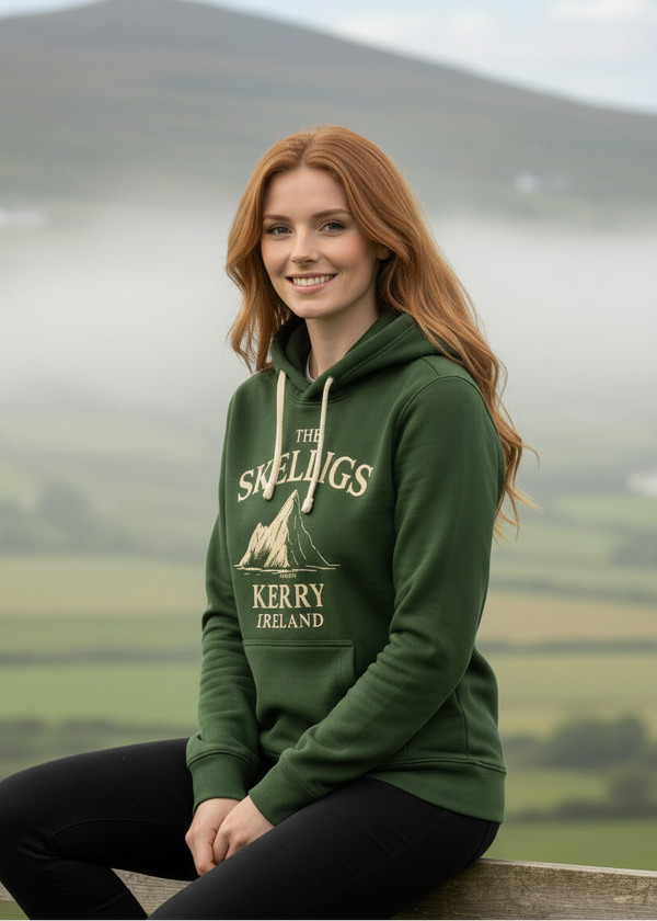The Skelligs hoodie close-up - direct gaze