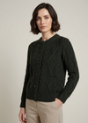 Inagh Ladies Aran Cardigan | Army Green | 100% Worsted Wool