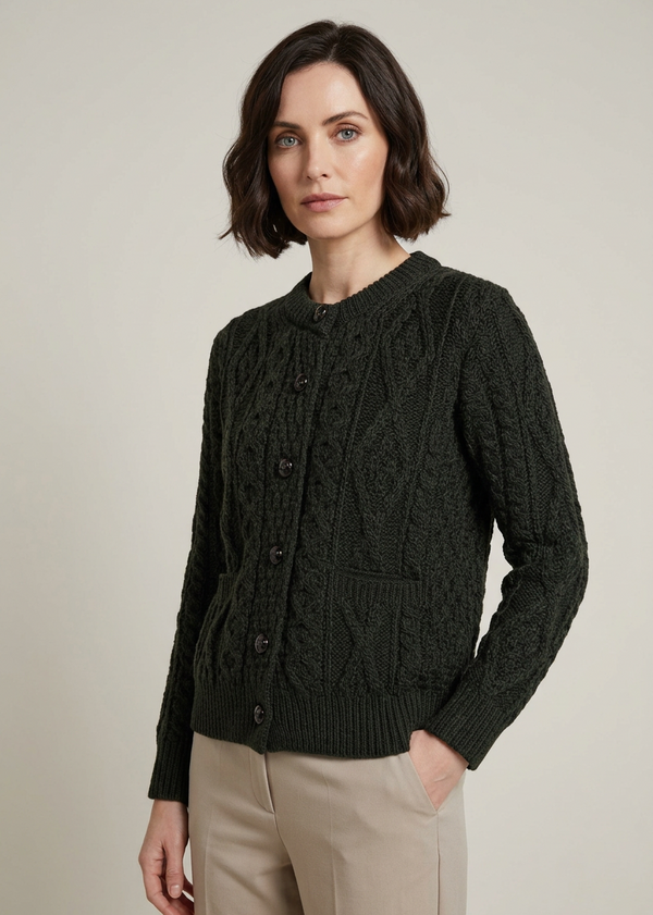 Inagh Ladies Aran Cardigan | Army Green | 100% Worsted Wool