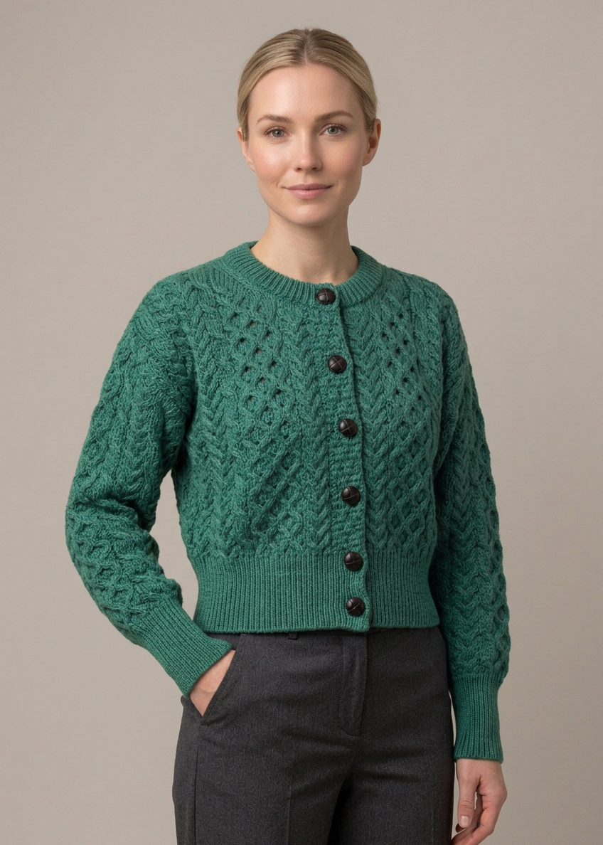 Ladies Merino Cropped Classic Aran Cardigan | Green