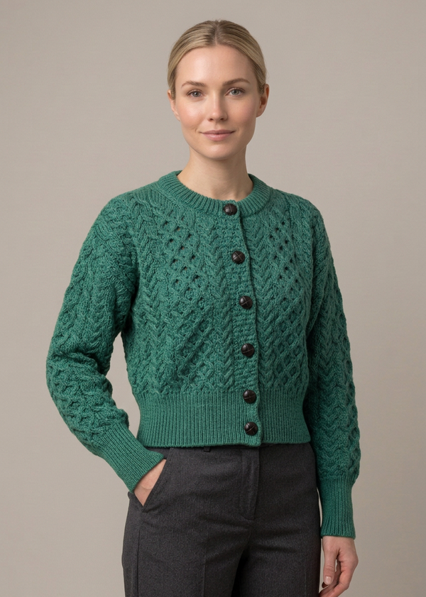 Ladies Merino Cropped Classic Aran Cardigan | Green