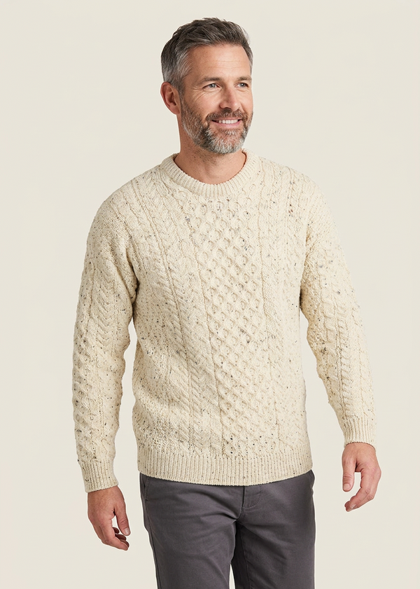 Mens Traditional Aran Sweater | Flecked Oatmeal 
