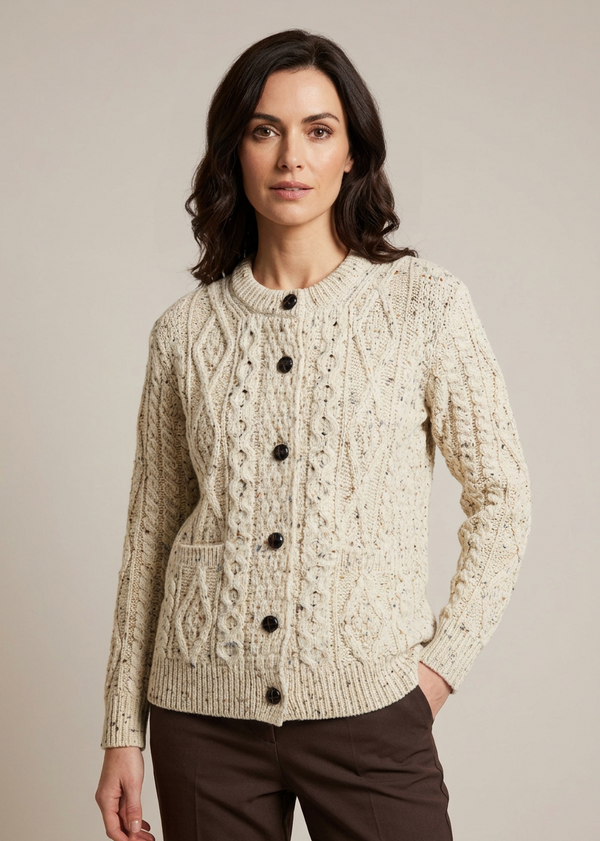 Ladies Aran Cardigan in Flecked Cream | 100% Wool
