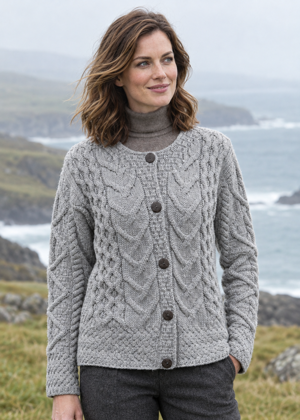 Women's Aran Cable Knit Cardigan - Grey | 100% Merino Wool