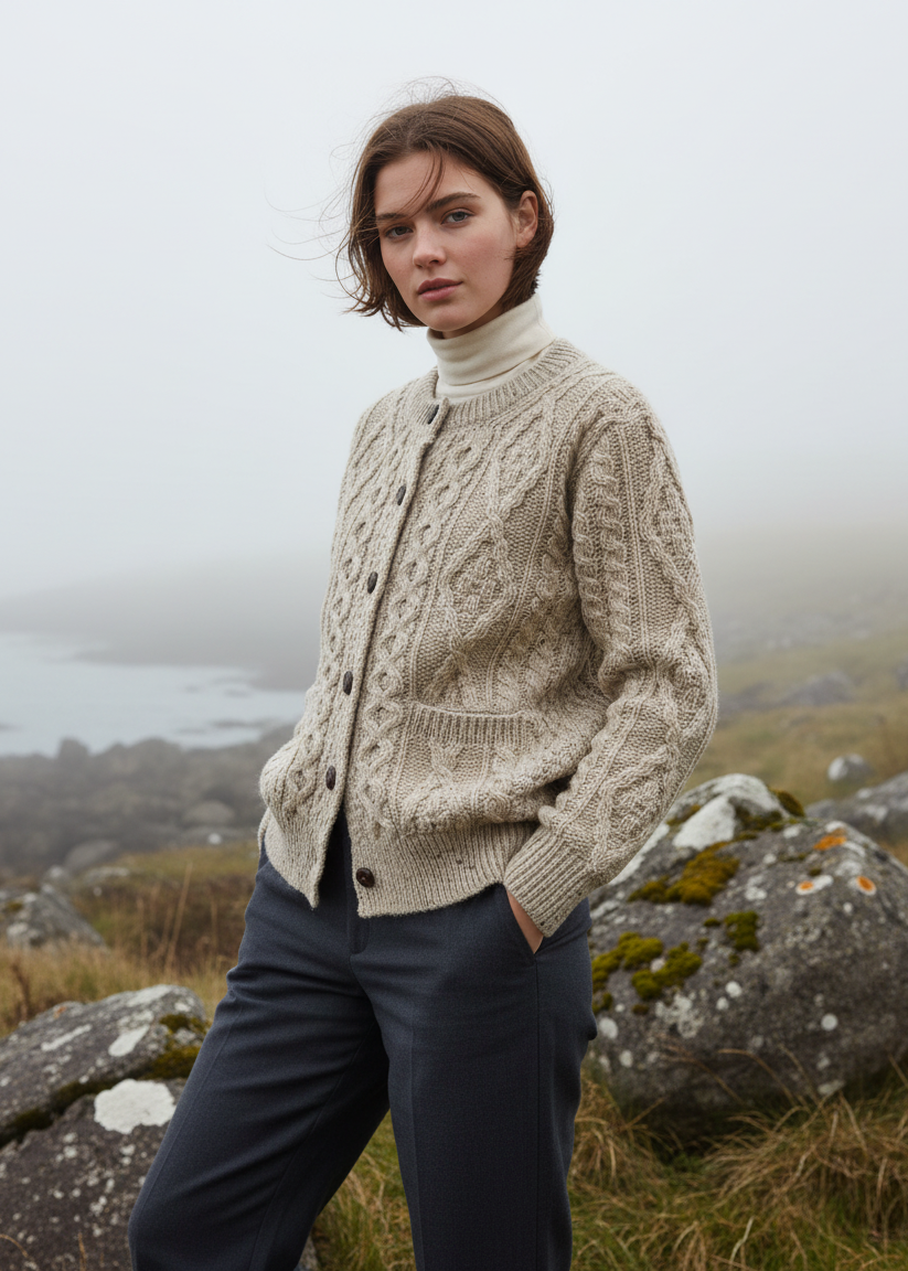 Three-quarter angle-Inagh Ladies Aran Cardigan | Premium Irish Wool | Oatmeal