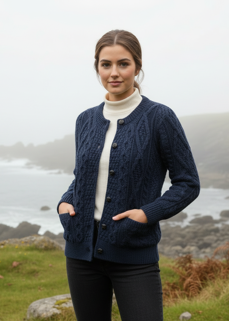 Ladies Aran Cardigan Navy Green Mix | Authentic Irish Cable Knit