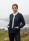 Ladies Aran Cardigan Navy Green Mix | Authentic Irish Cable Knit