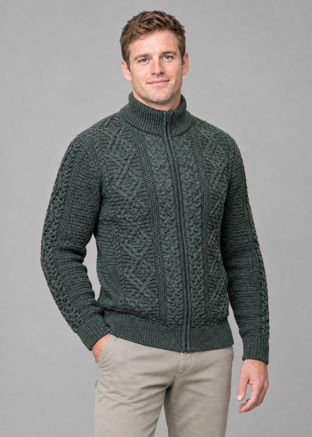 Three-quarter army-green cardigan pose