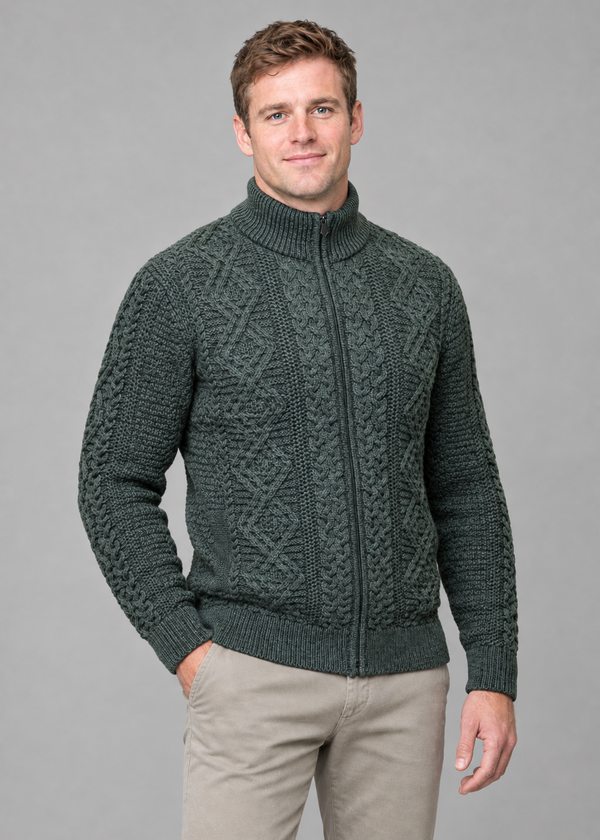 Three-quarter army-green cardigan pose