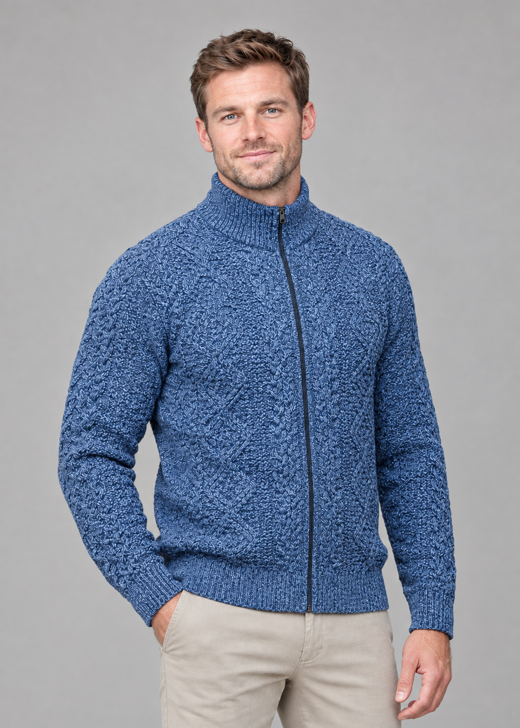 Mens Full Zip Merino Wool Aran Cardigan | Denim - Clearance