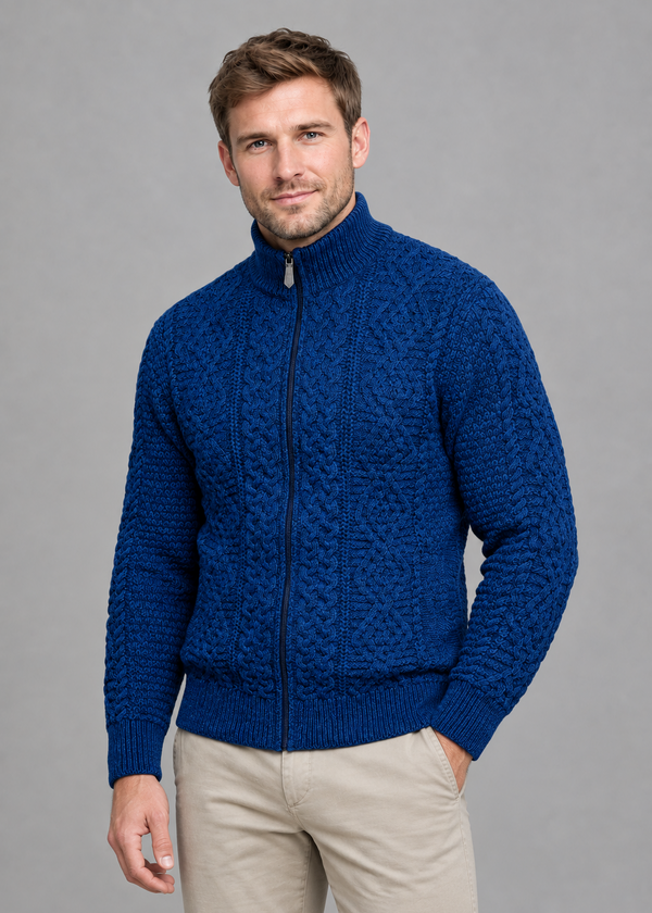 Full Zip Mens Merino Wool Aran Cardigan | DWB - Clearance
