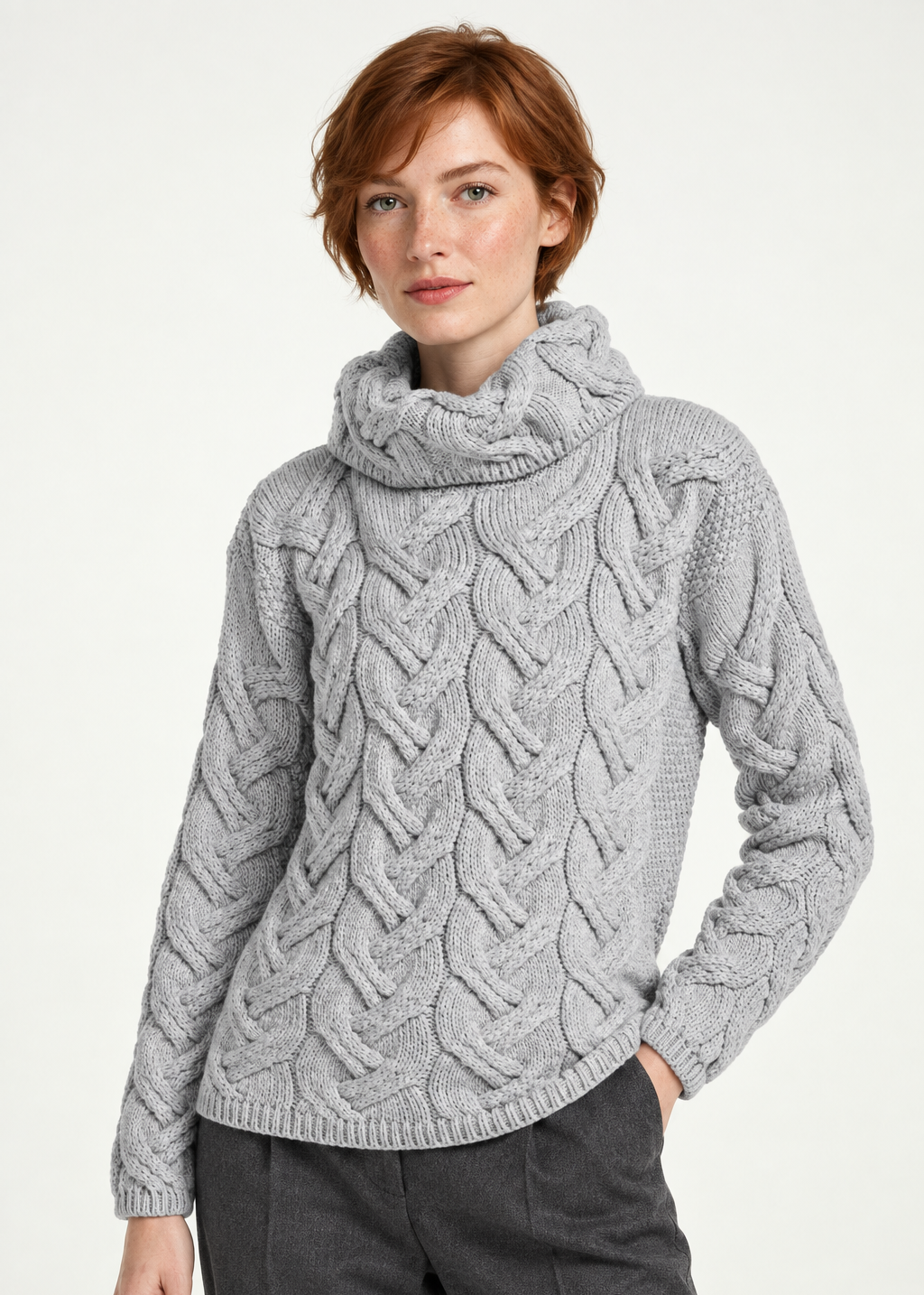 Three-quarter pose-Women's Aran Cowl Neck Chunky Sweater | Grey 