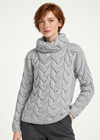 Three-quarter pose-Women's Aran Cowl Neck Chunky Sweater | Grey 